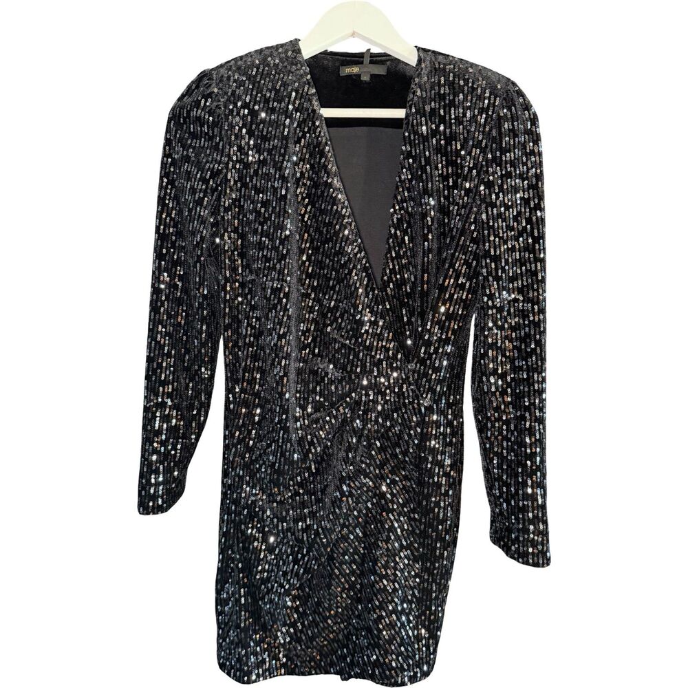 Maje NWOT Rivy Sequin Mini Dress Silver Black Velvet Wrap Long Sleeve Size 4 - Picture 5 of 12